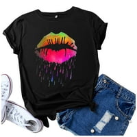 xiuh дамски върхове модни жени ежедневни цветни устни щампа с къс ръкав с тениска на тениска на тениски върхове за жени черни xl