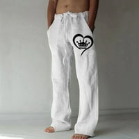 Мъжки летен памук и конопени панталони с широки крака отпечатани дантелени спортни панталони Небрежни панталони Уайт S O986