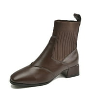 Symoid Womens Mid-Calf Boots- Retro чорапи ботуши есента плетена тъкан модна дебела пета ботуши с висока пета кафяво 39