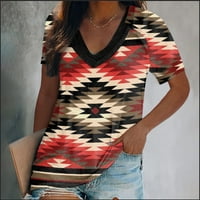 Дамски върхове дамски ретро печат племе геометричен щампа v шия с къс ръкави тениски върхове блузи червени xxxl