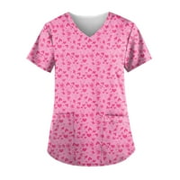 Дамски върхове V-образни отпечатани блузи ежедневни дами мода къса ръкав летни туники върхове горещо розово 5xl