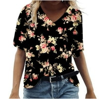 Женски модни ежедневни плюс размер летни блузи живописни цветя печат с тениска с тениска с тениски черни xxl