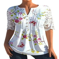 Nlife жени флорална пеперуда отпечатана тениска с дантела с дантела нагоре