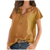тениски на тениски Amousa за женски разхлабени небрежни западни етнически печат сплайсинг тениска с къси ръкави с къс ръкав