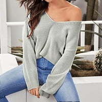 Aueoeo Fall пуловери за жени, есенни пуловери за жени модерни жени модни разхлабени еластични плътни цветове секси каишка v врата пуловер върхове