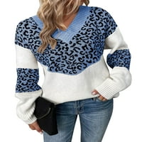 Пуловери за жени Цветни шевове леопардов печат пуловер върхове v-образни деколте дълги ръкави ежедневни зимни пуловери alsol lamesa