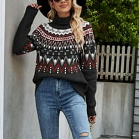 Пуловер за костенурка за жени за жени модни ежедневни ретро цветове контраст печат плетене с дълъг ръкав пуловер