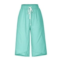 Женски теглене на памучни каприли ежедневни летни панталони Разхлабени годни плюс размер широк панталони за крака с джобове мента зелено xl